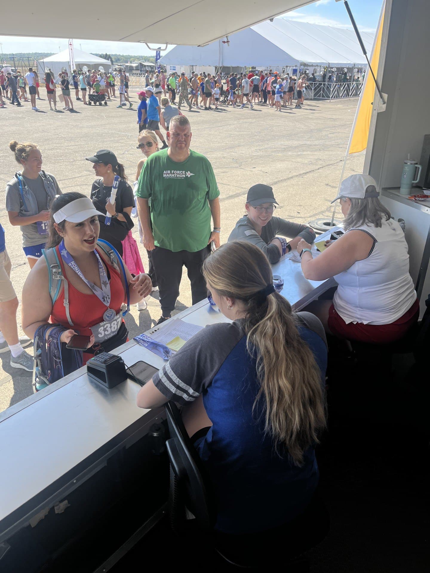 The engraving line at the Air Force Marathon finish festival